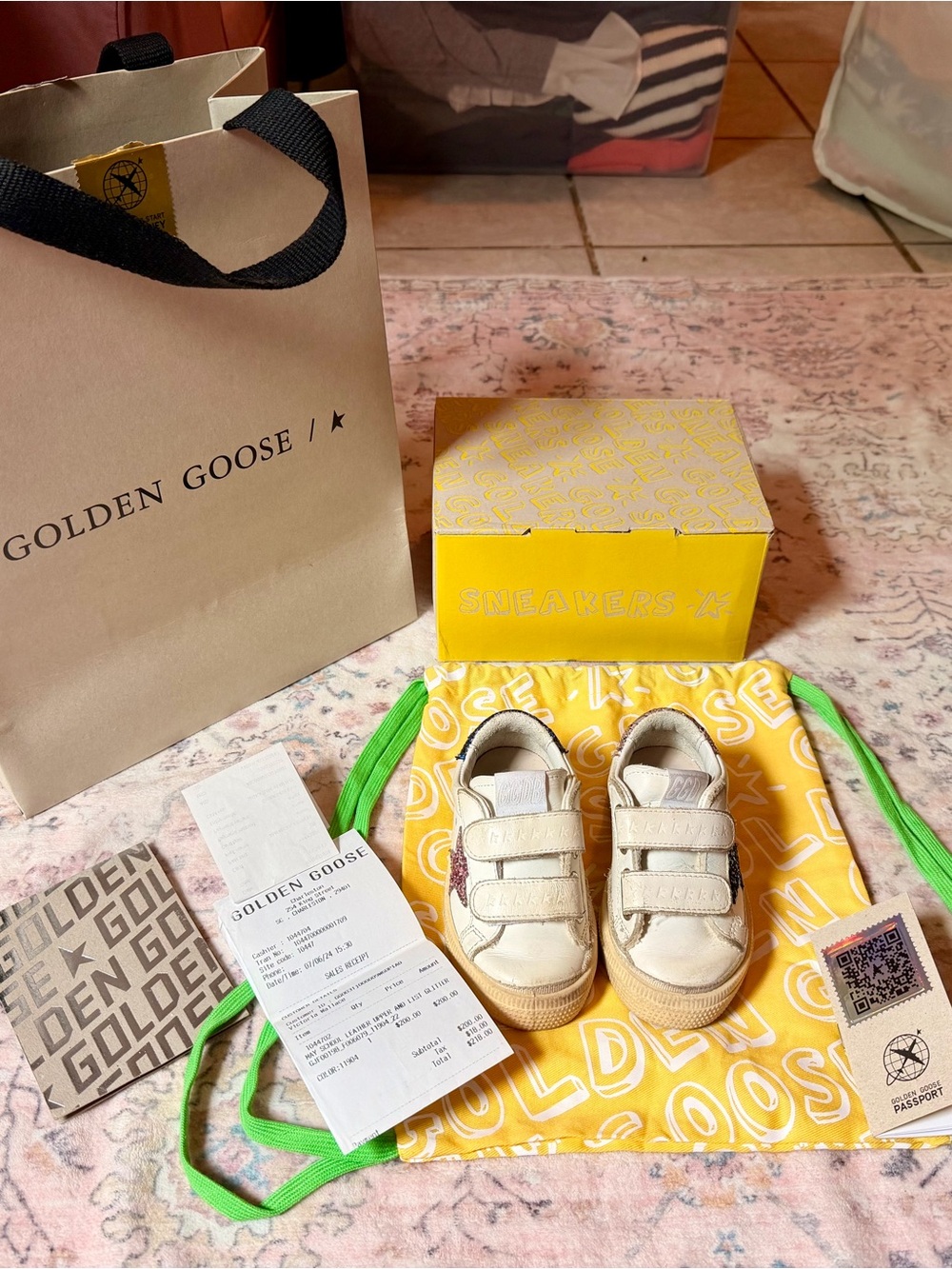 Golden Goose Kids White Leather Velcro Sneakers - White with Pink and Blue Stars